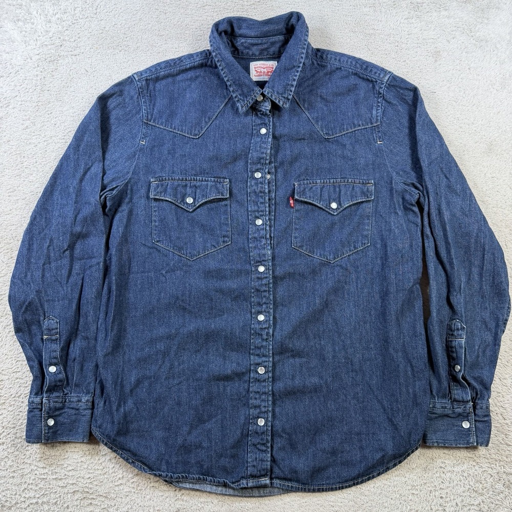Levis Shirt Women Medium Blue Denim Long Sleeve Pearl Snap Western Cowgirl Rodeo